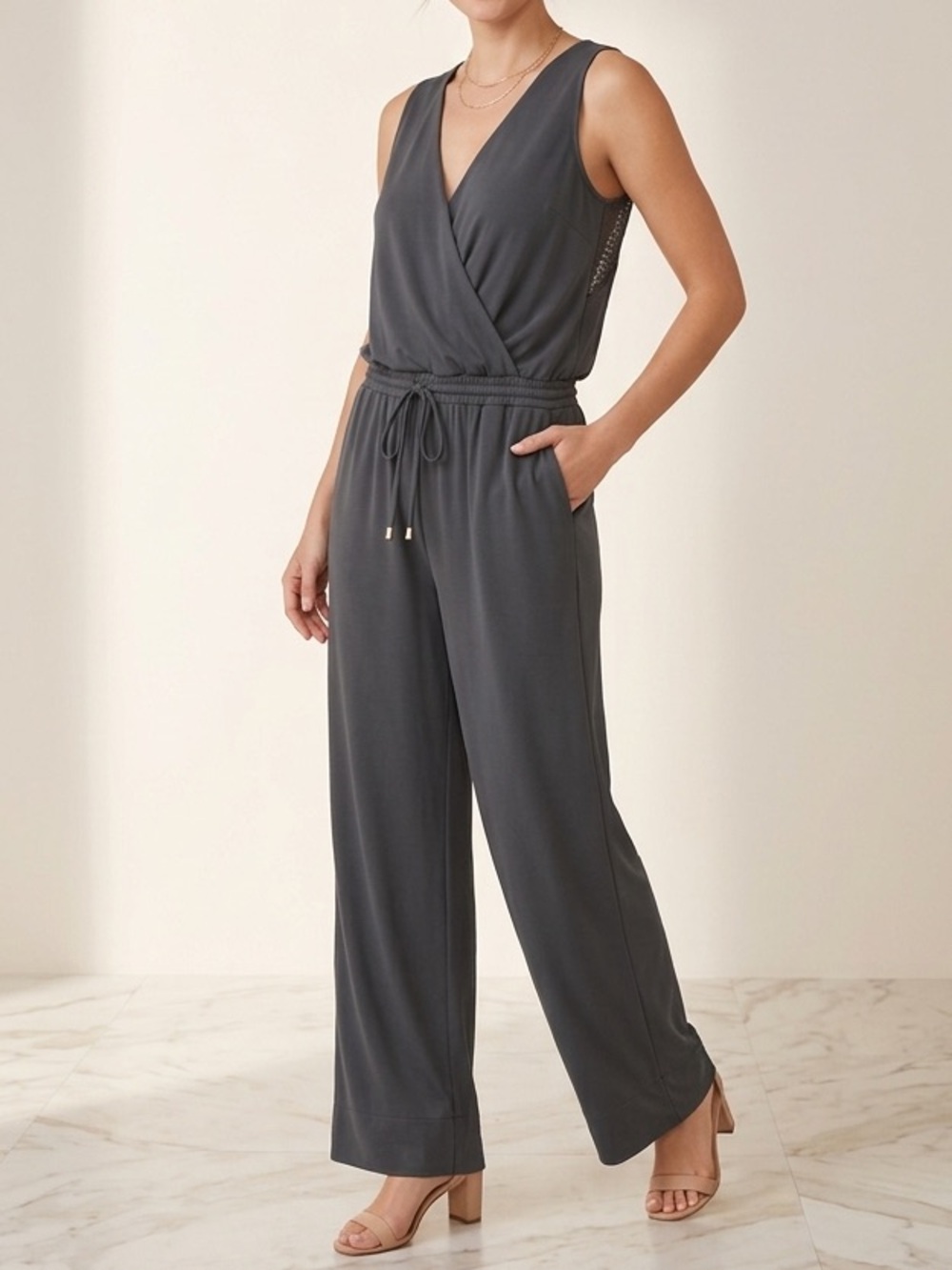Vince Camuto Sleeveless Faux-Wrap Jumpsuit with Lace Back